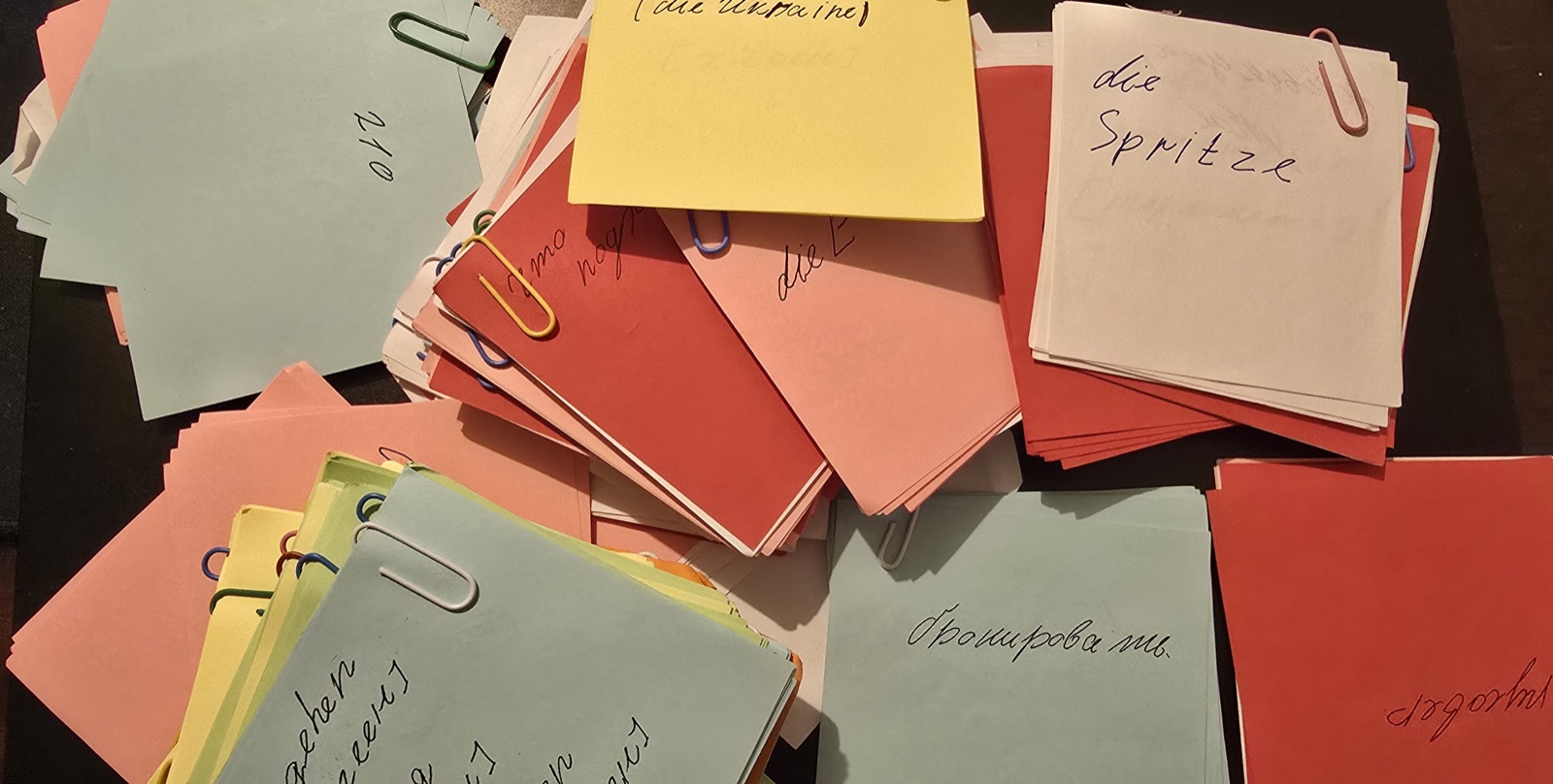 A pile of paper flashcards held with paper clips, words handwritten on coloured paper